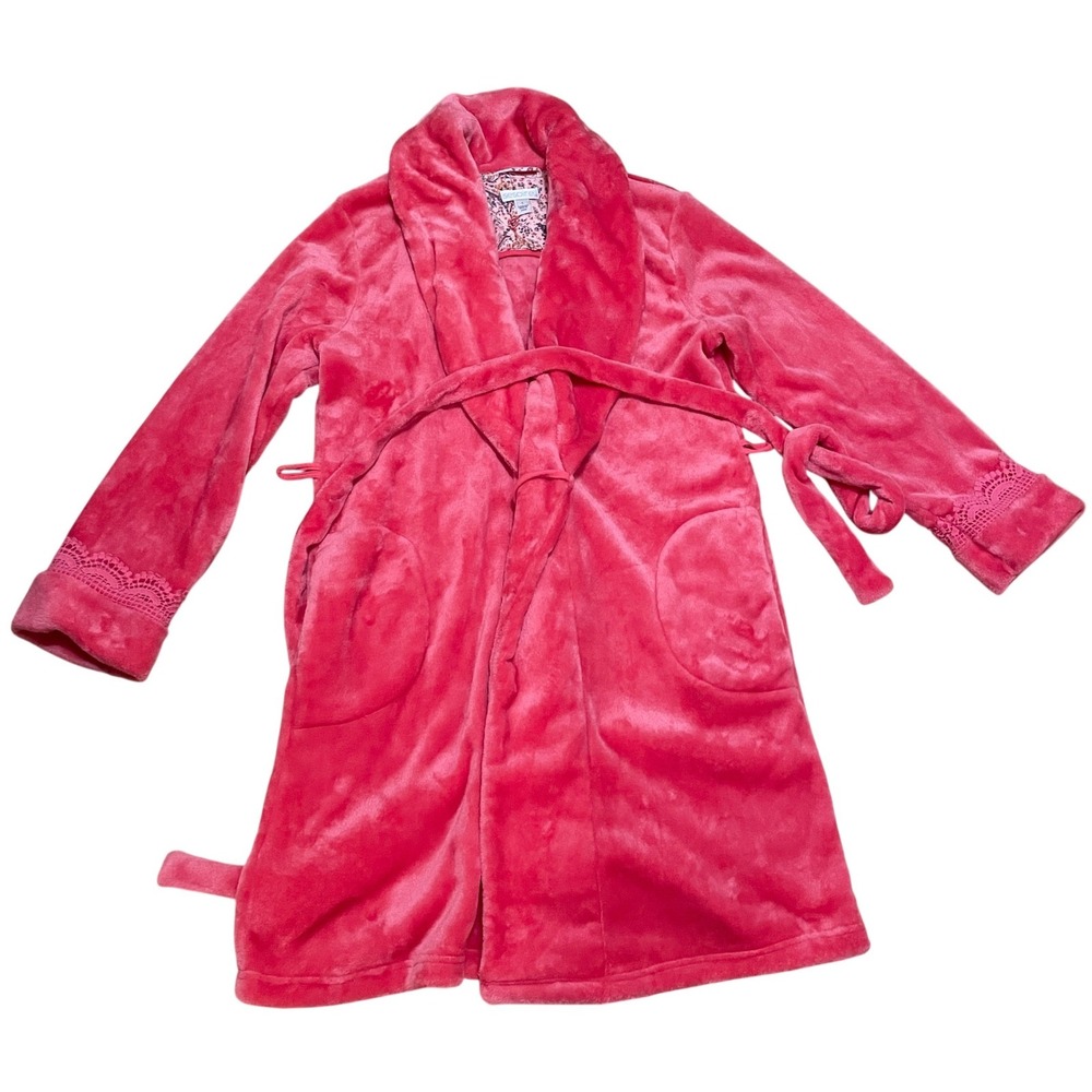 Sesoire‎ Women's L Coral Pink Plush Fleece Cottage Cozy Robe Crochet Lace 32H507